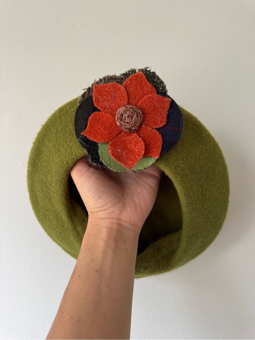 Olive Green Wool Felt Beret with Orange Floral Pin